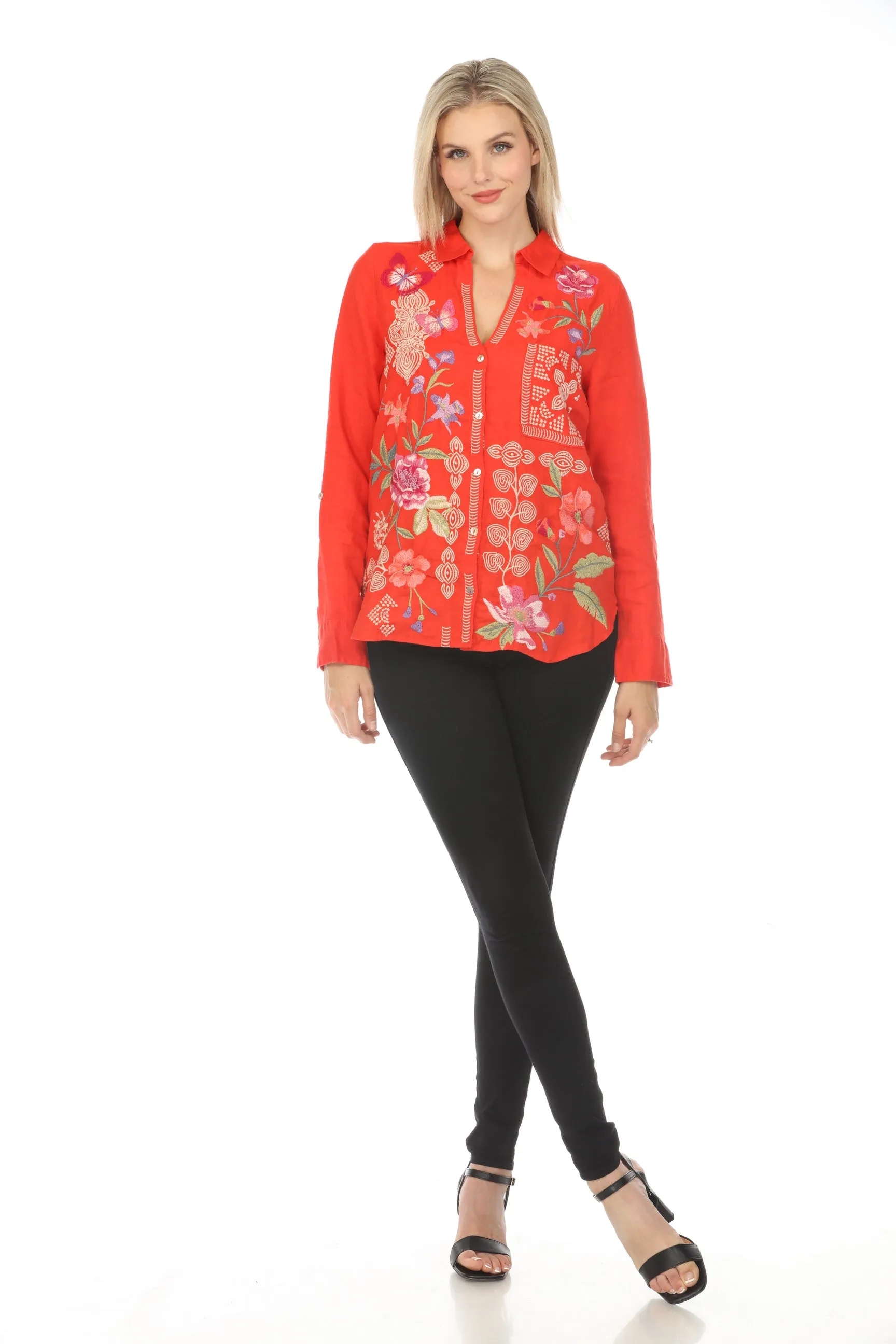 Johnny Was JWLA Red Dacie Relaxed Linen Shirt Boho Chic J16524