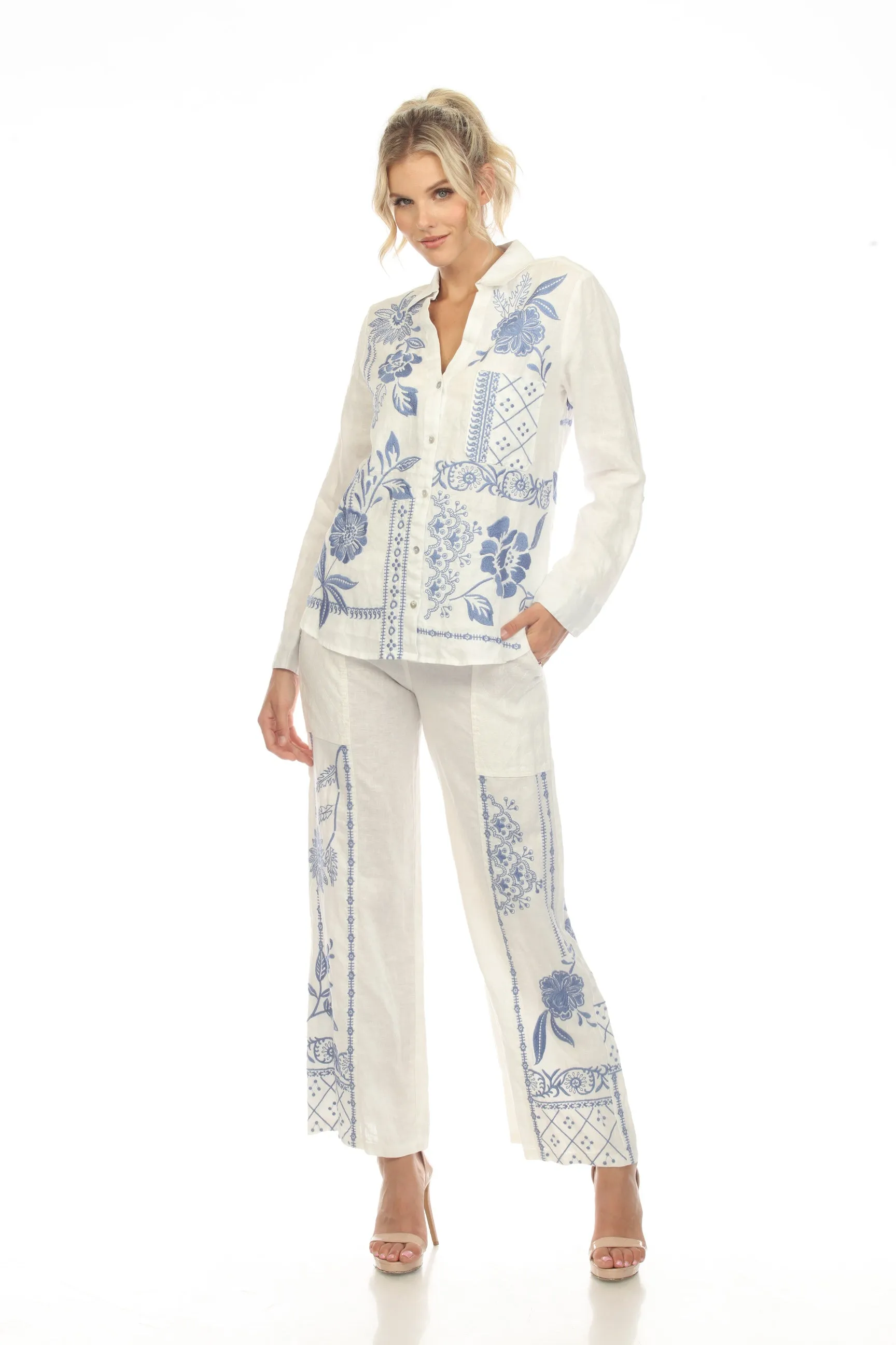 Johnny Was JWLA White Lyra Linen Belted Wide Leg Pants Boho Chic J66523
