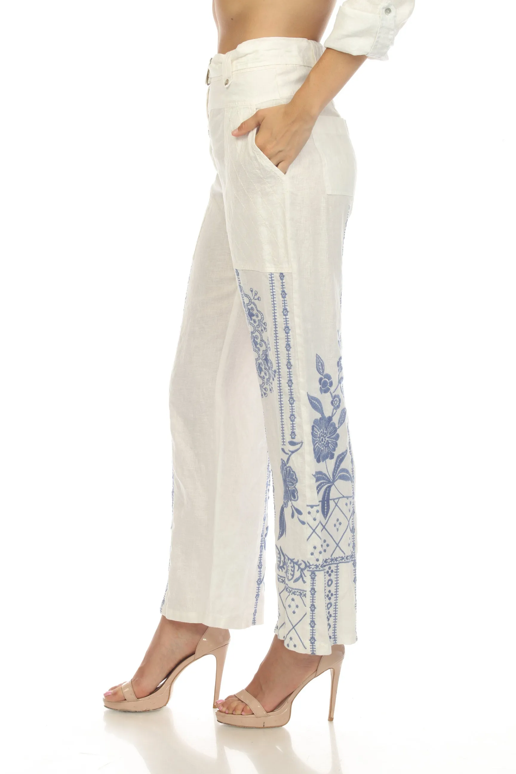 Johnny Was JWLA White Lyra Linen Belted Wide Leg Pants Boho Chic J66523