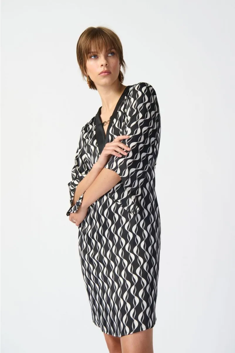 Joseph Ribkoff Black/Moonstone Wavy Geometric Print Batwing Sleeve Shift Dress 241141