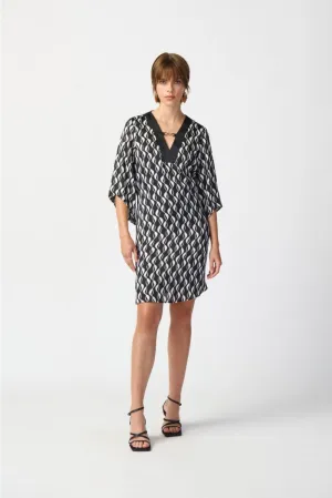 Joseph Ribkoff Black/Moonstone Wavy Geometric Print Batwing Sleeve Shift Dress 241141