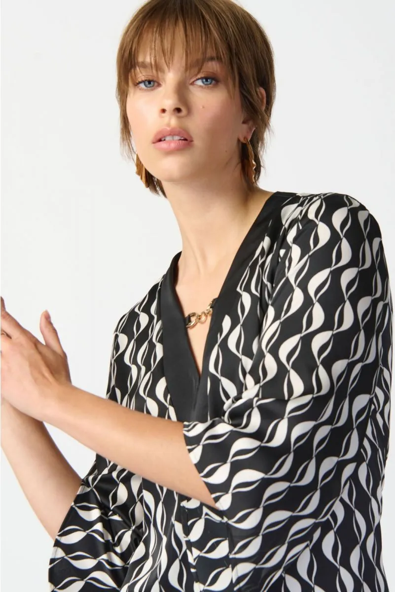 Joseph Ribkoff Black/Moonstone Wavy Geometric Print Batwing Sleeve Shift Dress 241141