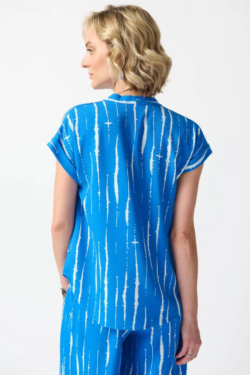 Joseph Ribkoff Blue/White Abstract Print V-Neck Short Sleeve Top 242063