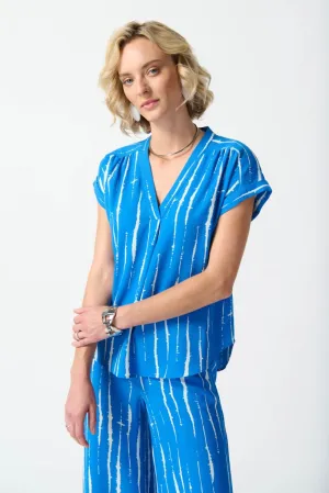 Joseph Ribkoff Blue/White Abstract Print V-Neck Short Sleeve Top 242063
