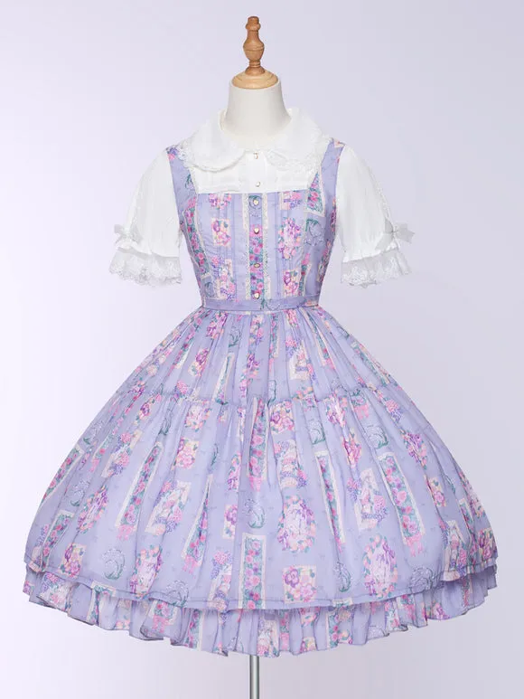 JSK Purple Floral Sweet Lolita Dress Flowers Print Polyester Sleeveless Jumper Lolita Dress