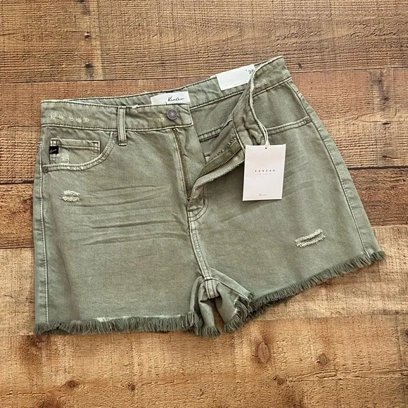 KANCAN Olive Distressed High Waist Denim Shorts