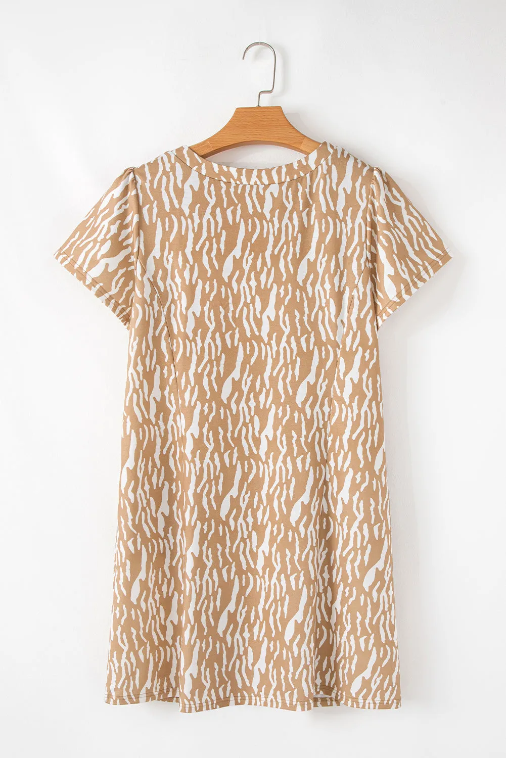 Khaki Abstract Print V Neck Short Sleeve Shift T Shirt Dress