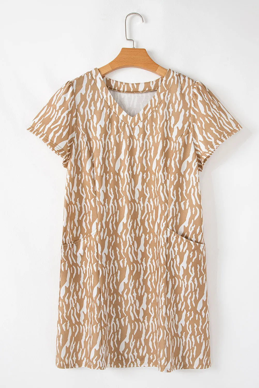 Khaki Abstract Print V Neck Short Sleeve Shift T Shirt Dress
