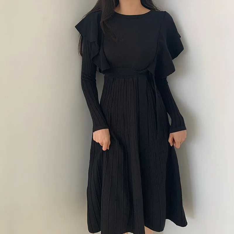 Lace-up Ruffled Flounces Splicing Knit Sweater Midi Dress