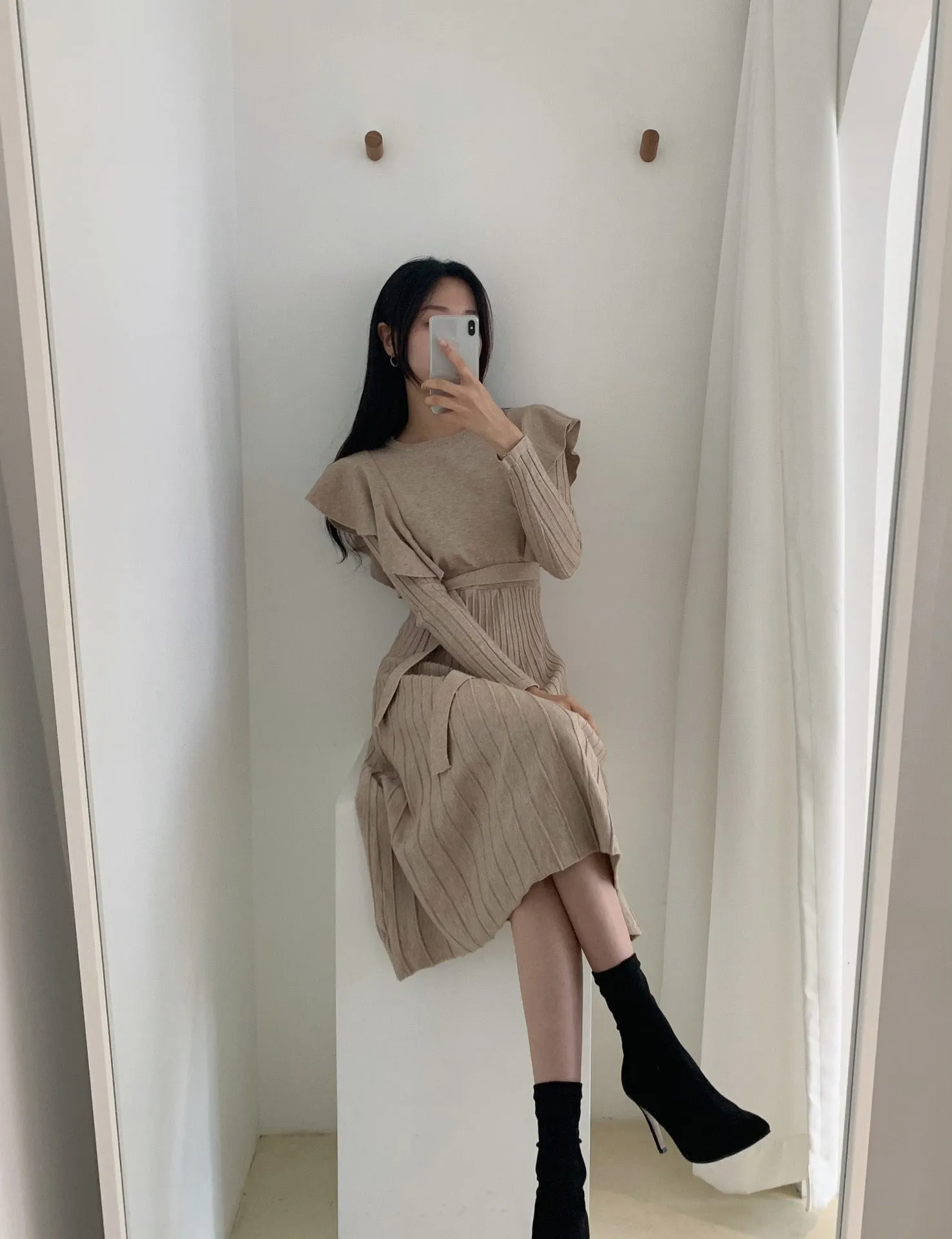 Lace-up Ruffled Flounces Splicing Knit Sweater Midi Dress