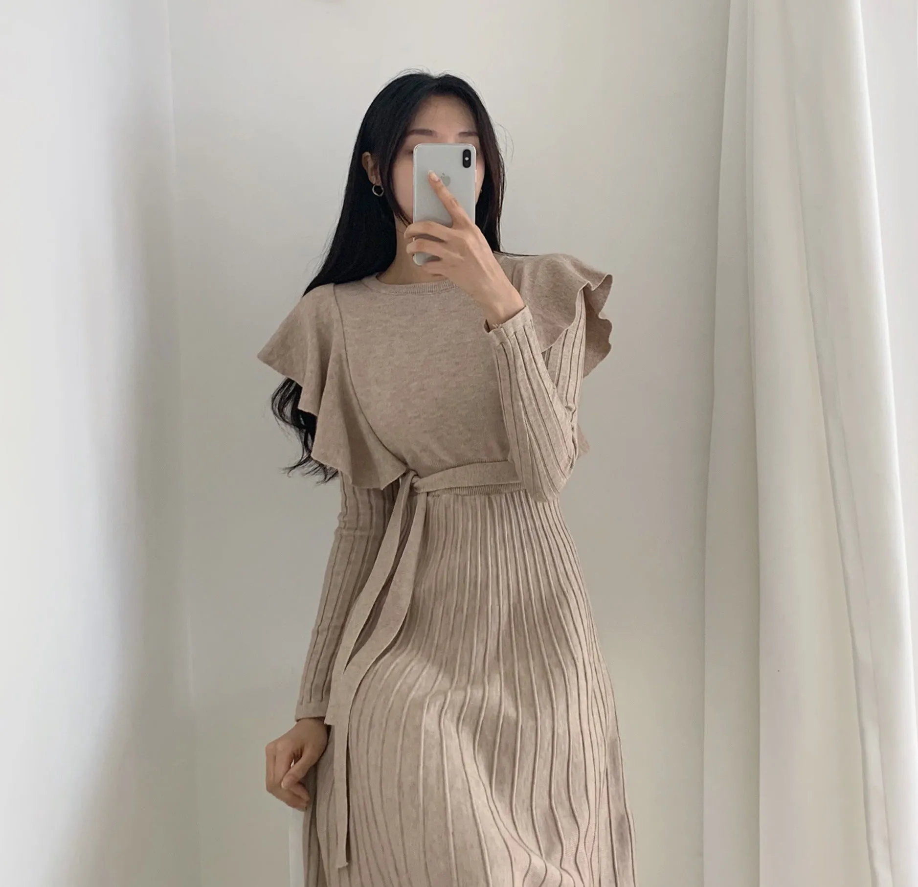 Lace-up Ruffled Flounces Splicing Knit Sweater Midi Dress
