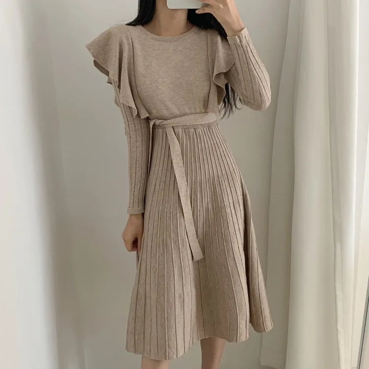 Lace-up Ruffled Flounces Splicing Knit Sweater Midi Dress