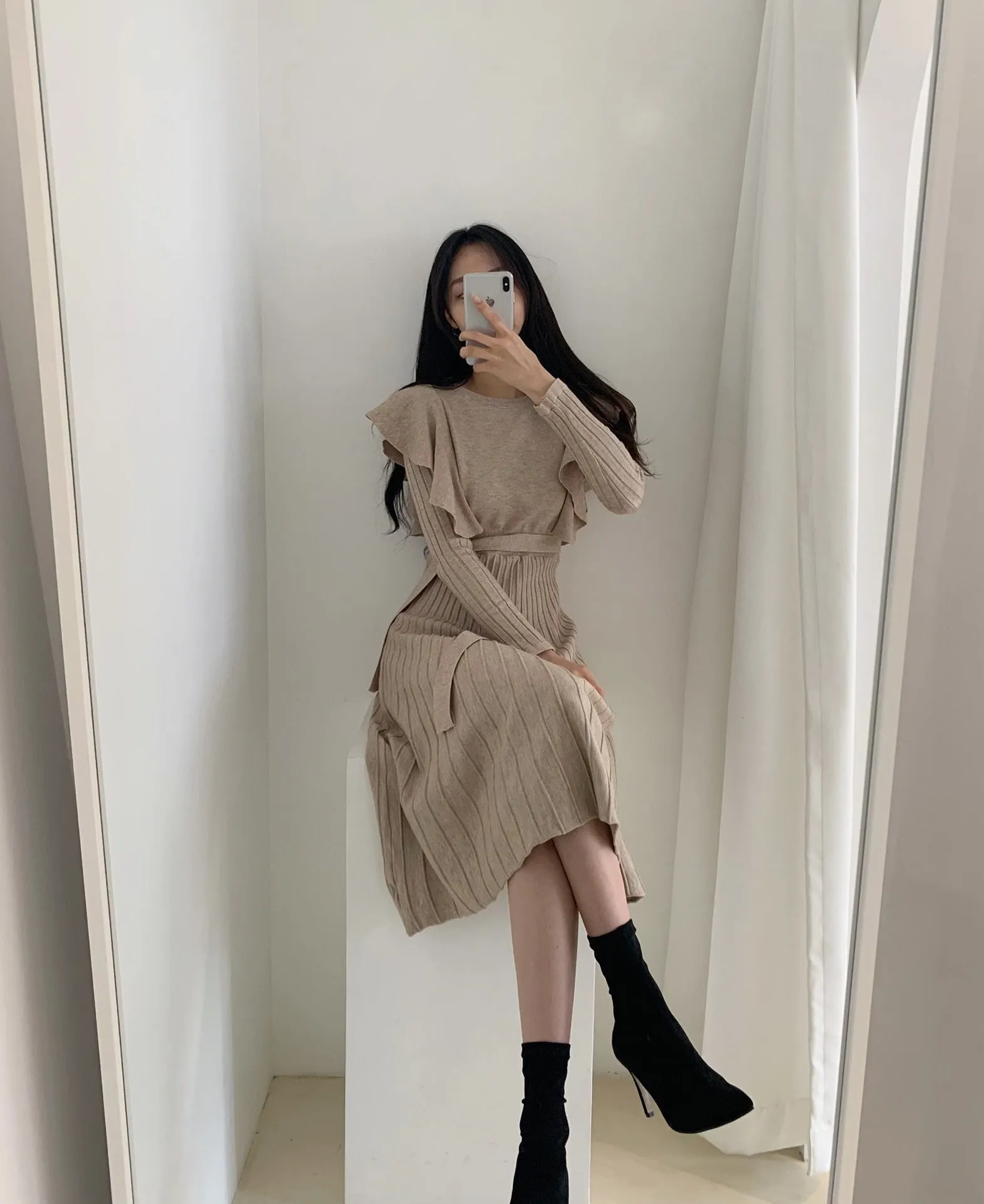 Lace-up Ruffled Flounces Splicing Knit Sweater Midi Dress