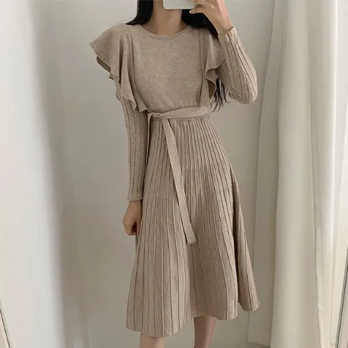 Lace-up Ruffled Flounces Splicing Knit Sweater Midi Dress