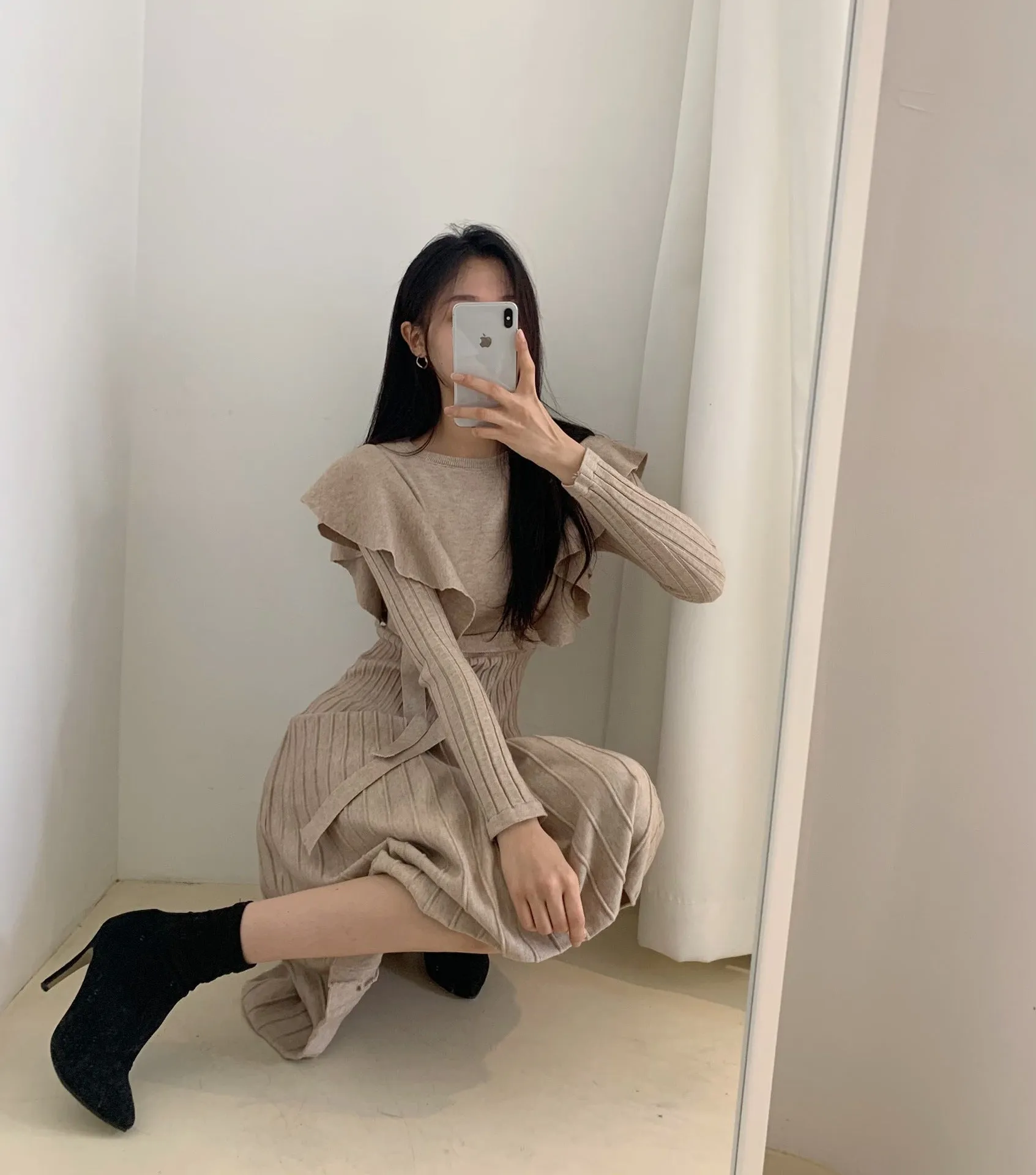 Lace-up Ruffled Flounces Splicing Knit Sweater Midi Dress