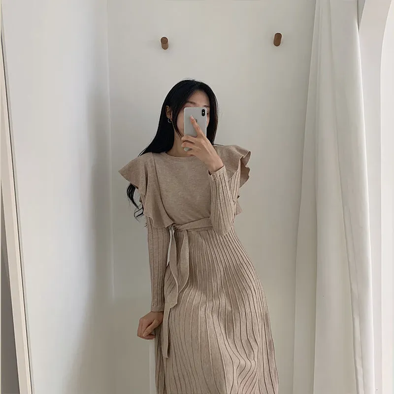 Lace-up Ruffled Flounces Splicing Knit Sweater Midi Dress