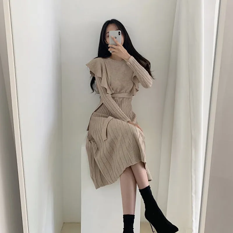 Lace-up Ruffled Flounces Splicing Knit Sweater Midi Dress