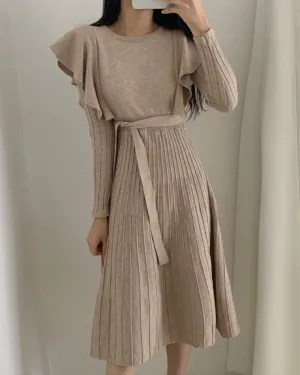 Lace-up Ruffled Flounces Splicing Knit Sweater Midi Dress