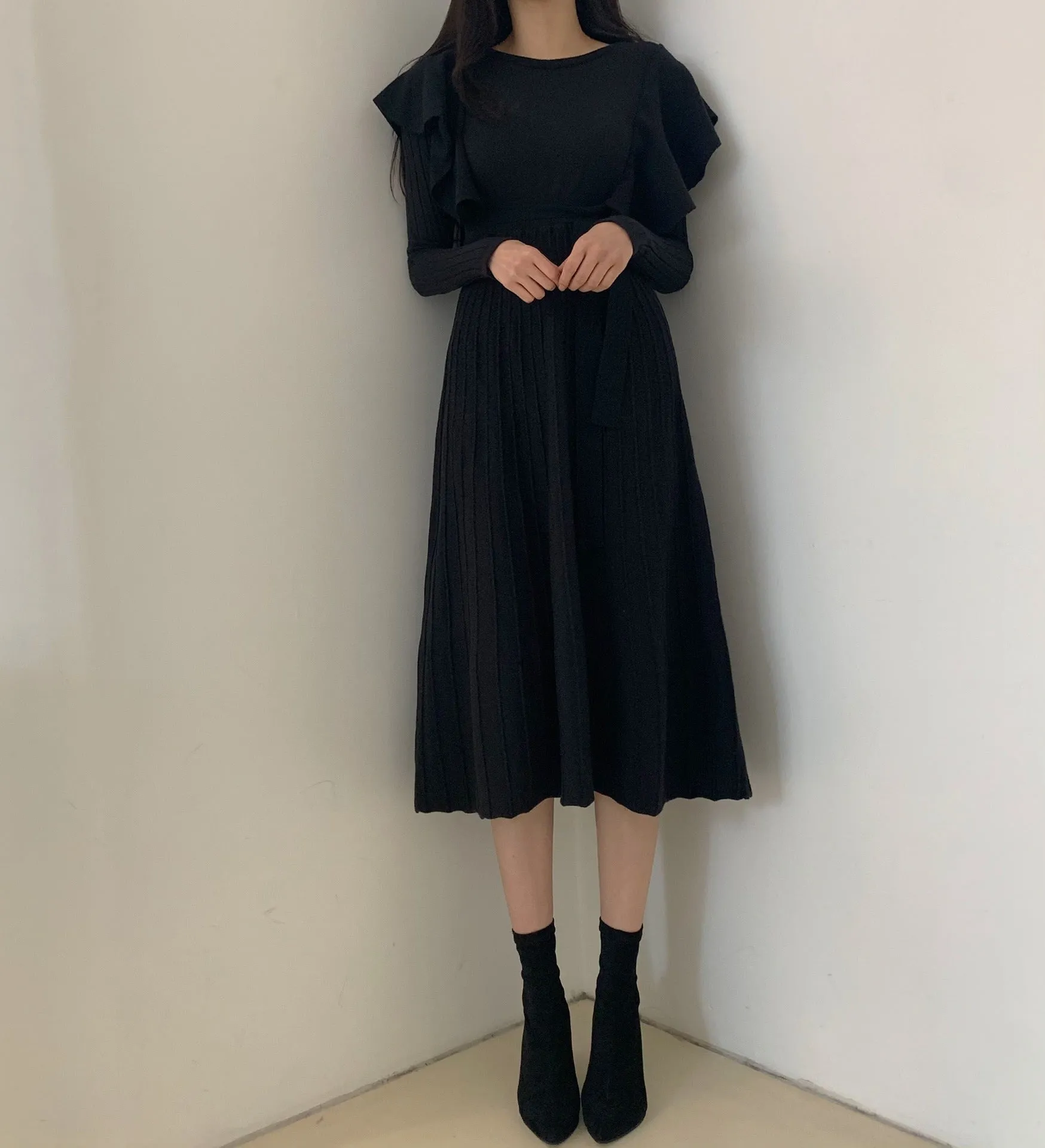 Lace-up Ruffled Flounces Splicing Knit Sweater Midi Dress