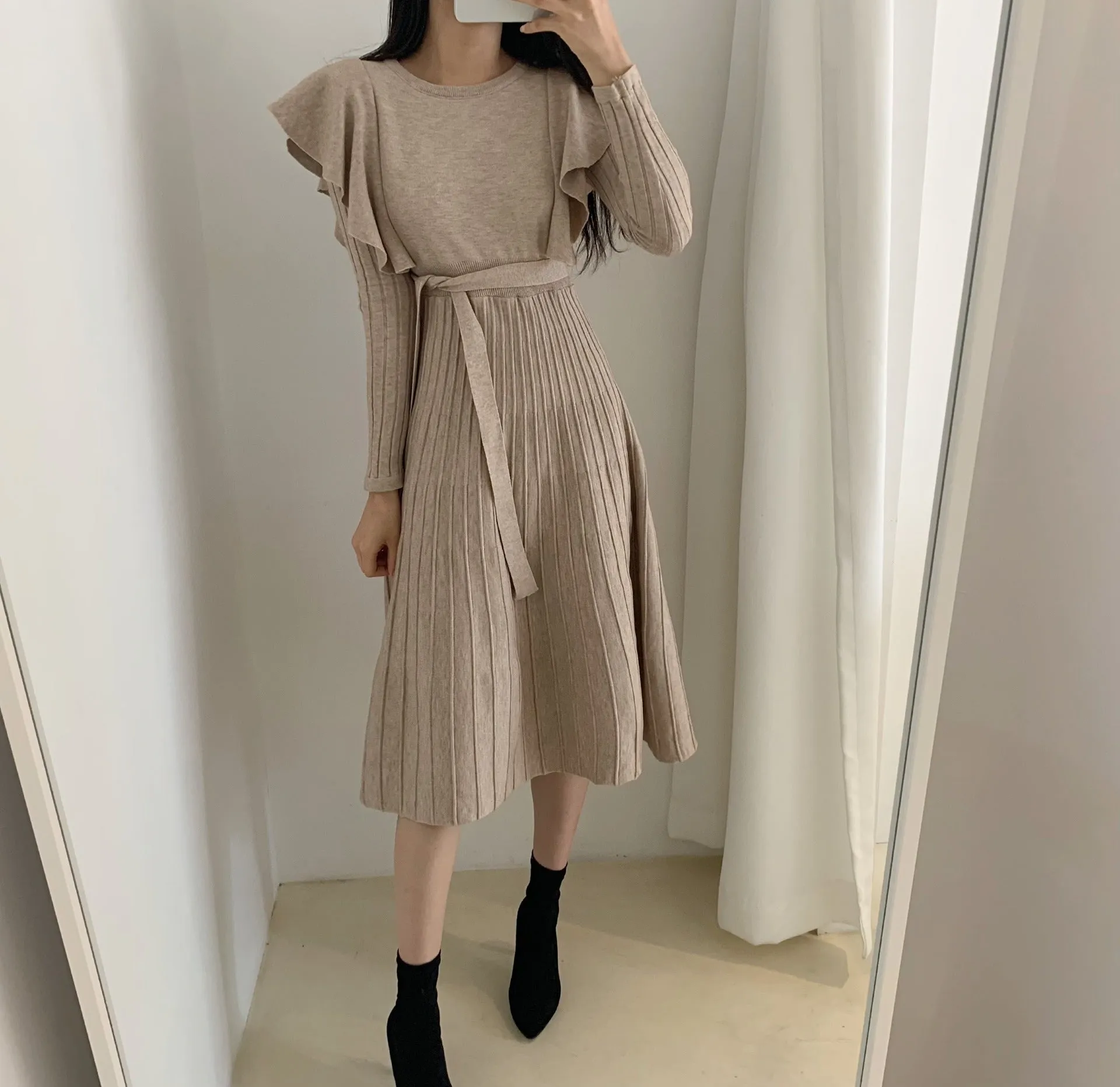 Lace-up Ruffled Flounces Splicing Knit Sweater Midi Dress