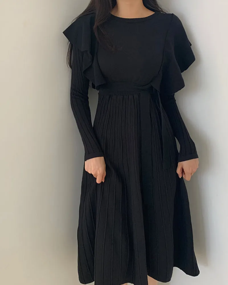 Lace-up Ruffled Flounces Splicing Knit Sweater Midi Dress