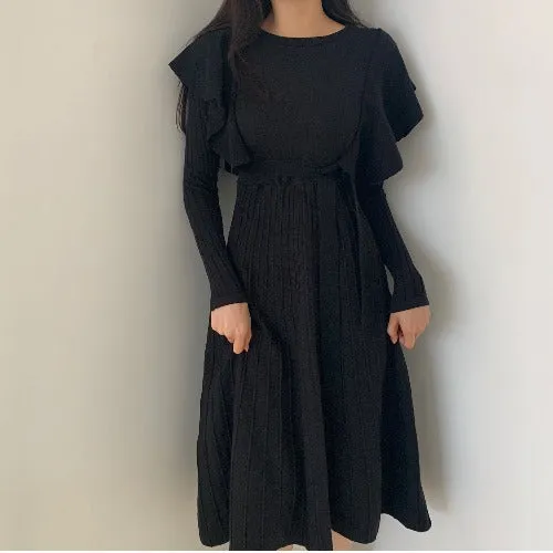 Lace-up Ruffled Flounces Splicing Knit Sweater Midi Dress