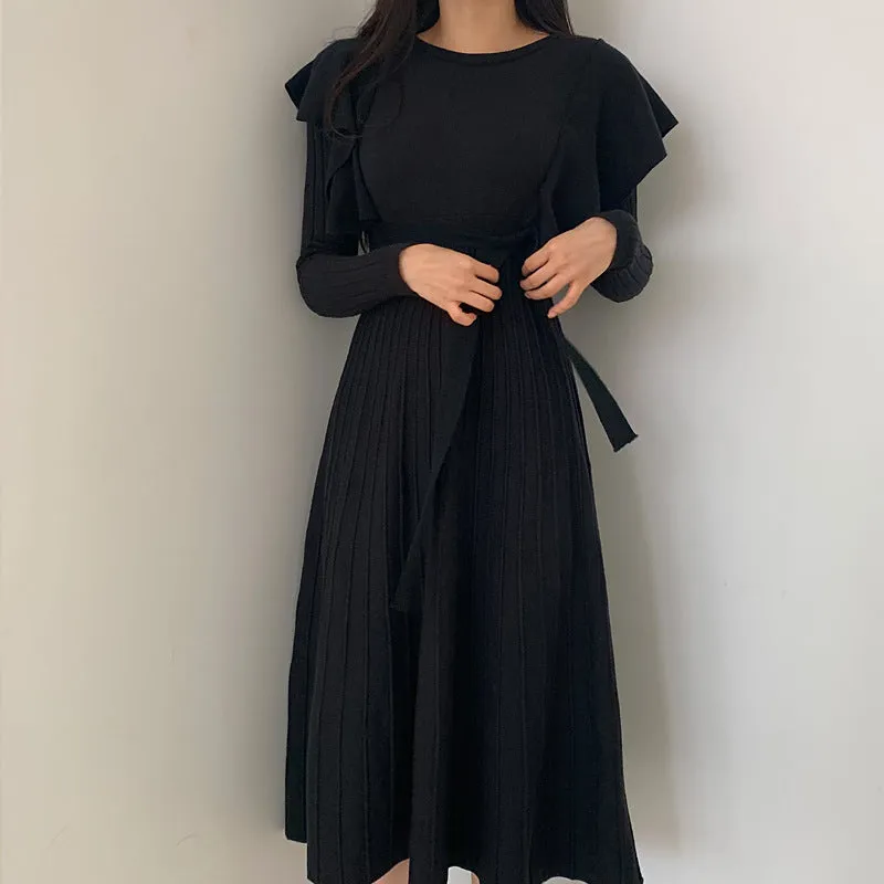Lace-up Ruffled Flounces Splicing Knit Sweater Midi Dress