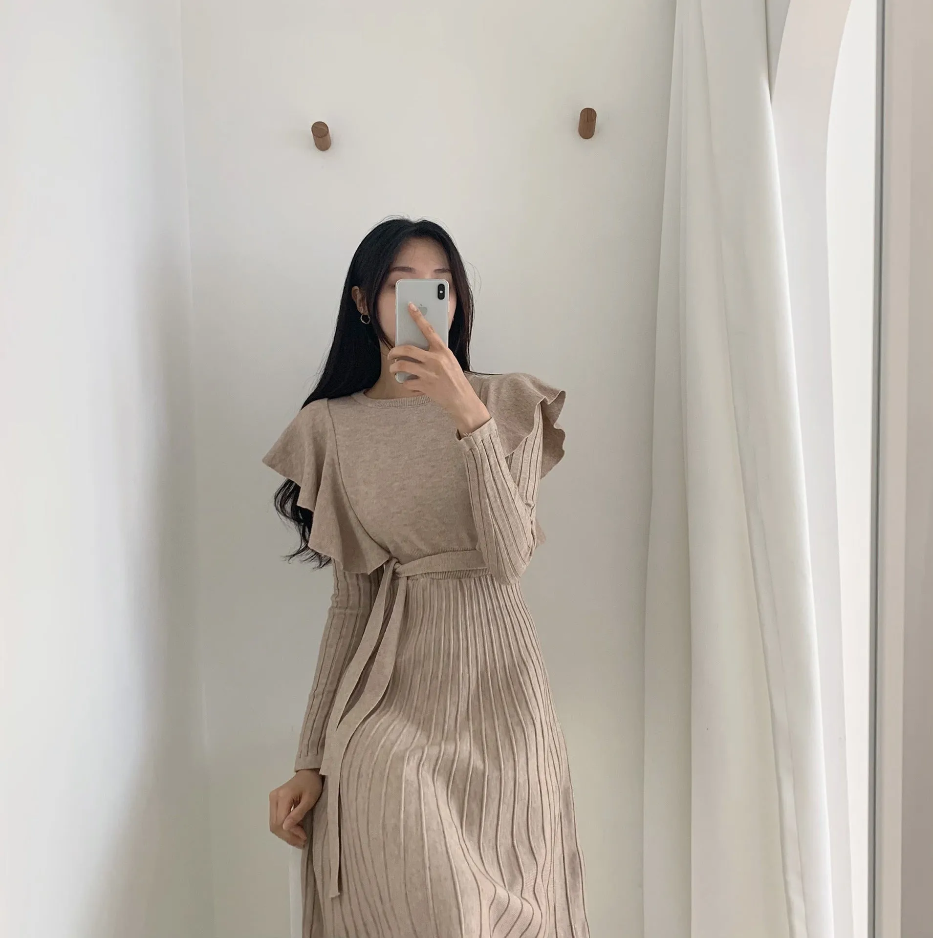 Lace-up Ruffled Flounces Splicing Knit Sweater Midi Dress
