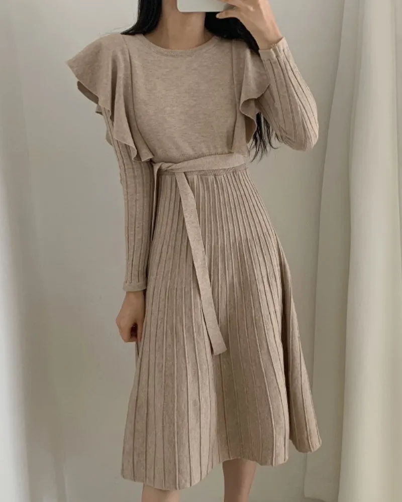 Lace-up Ruffled Flounces Splicing Knit Sweater Midi Dress
