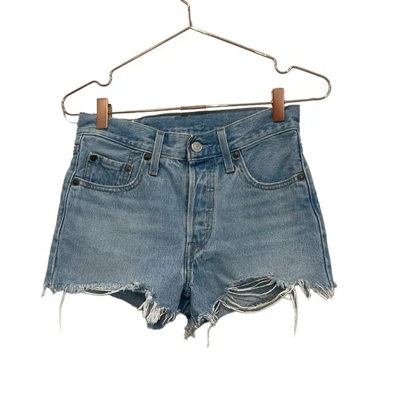 Levi’s 501 denim Buttonfly denim shorts. High-rise, intentionally, distressed.