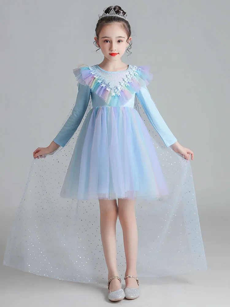 Light Blue Designed Neckline Polyester Sleeveless Short A-Line Polyester Cotton Tulle Sequins Kids Social Party Dresses