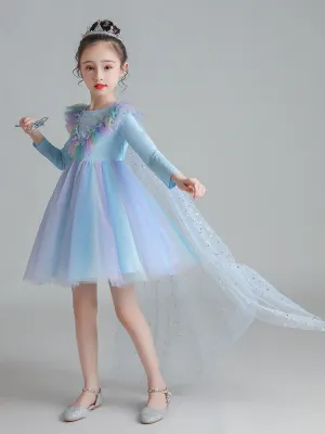 Light Blue Designed Neckline Polyester Sleeveless Short A-Line Polyester Cotton Tulle Sequins Kids Social Party Dresses