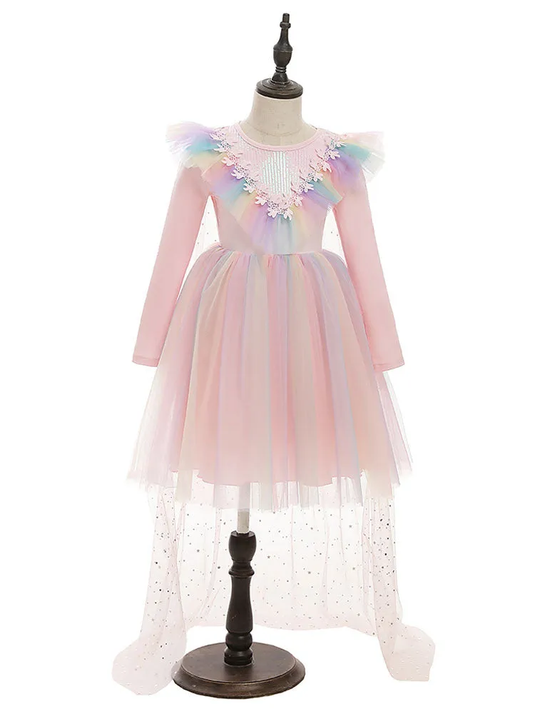 Light Blue Designed Neckline Polyester Sleeveless Short A-Line Polyester Cotton Tulle Sequins Kids Social Party Dresses