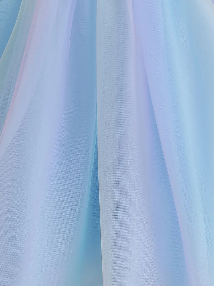 Light Blue Designed Neckline Polyester Sleeveless Short A-Line Polyester Cotton Tulle Sequins Kids Social Party Dresses
