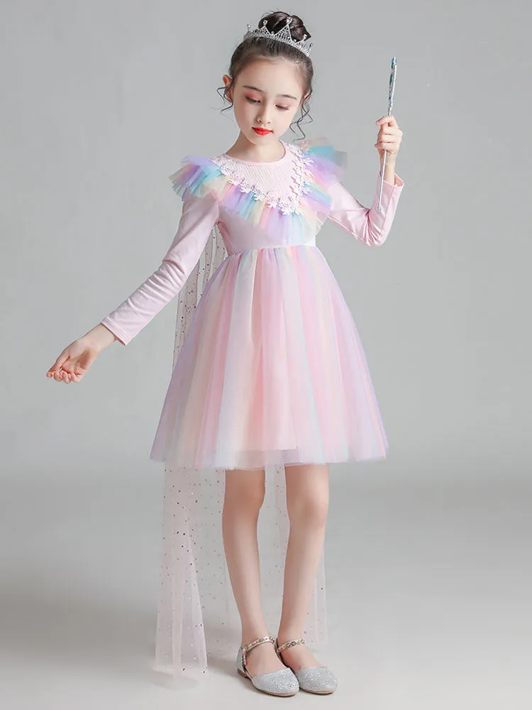 Light Blue Designed Neckline Polyester Sleeveless Short A-Line Polyester Cotton Tulle Sequins Kids Social Party Dresses