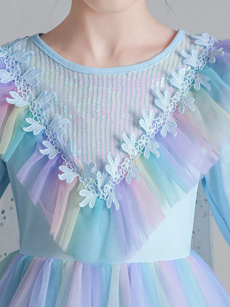 Light Blue Designed Neckline Polyester Sleeveless Short A-Line Polyester Cotton Tulle Sequins Kids Social Party Dresses