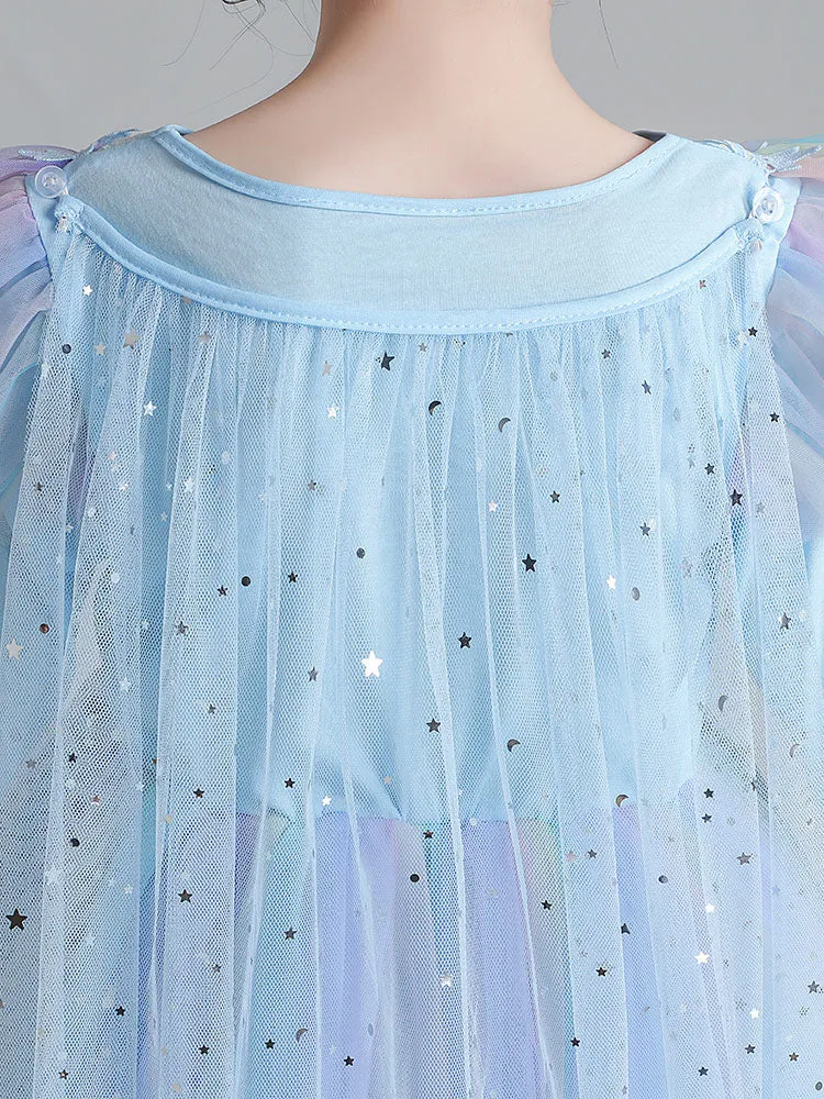 Light Blue Designed Neckline Polyester Sleeveless Short A-Line Polyester Cotton Tulle Sequins Kids Social Party Dresses