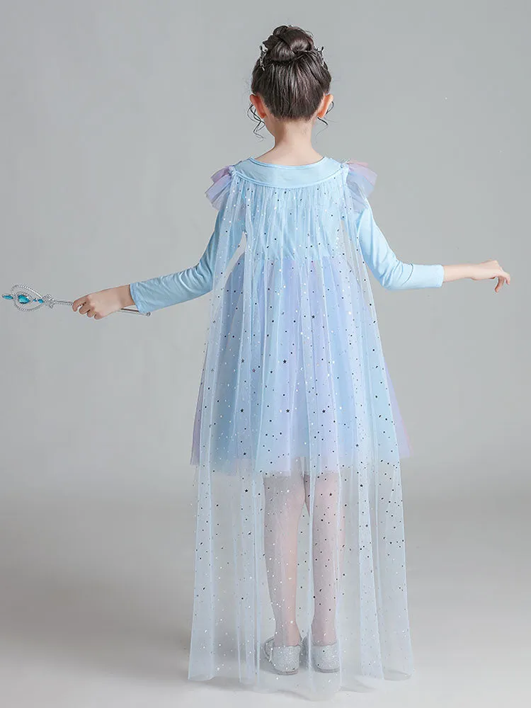 Light Blue Designed Neckline Polyester Sleeveless Short A-Line Polyester Cotton Tulle Sequins Kids Social Party Dresses