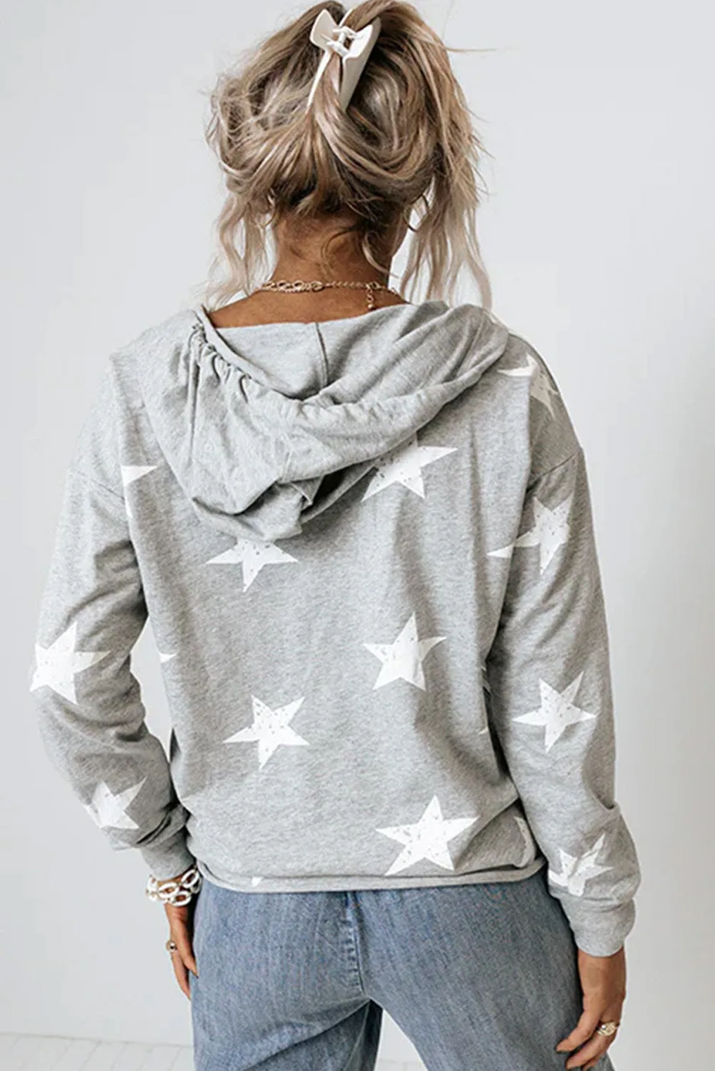 Light Grey Star Graphic V-Neck Drawstring Hoodie