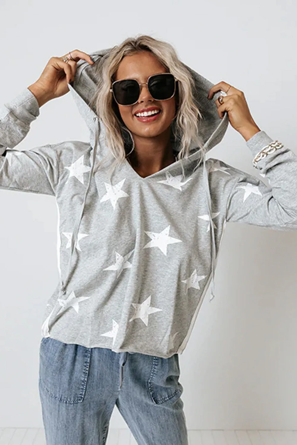 Light Grey Star Graphic V-Neck Drawstring Hoodie