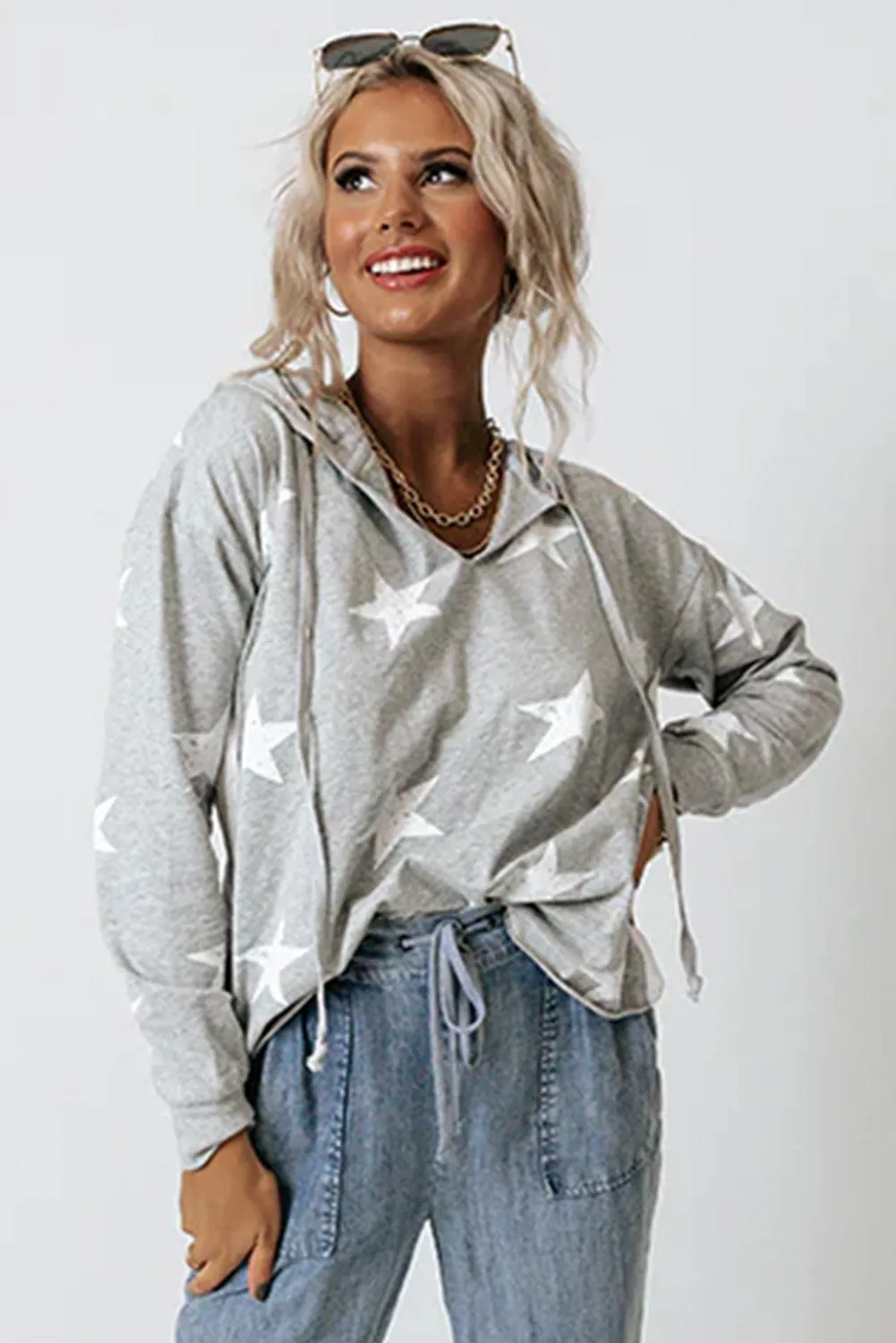 Light Grey Star Graphic V-Neck Drawstring Hoodie