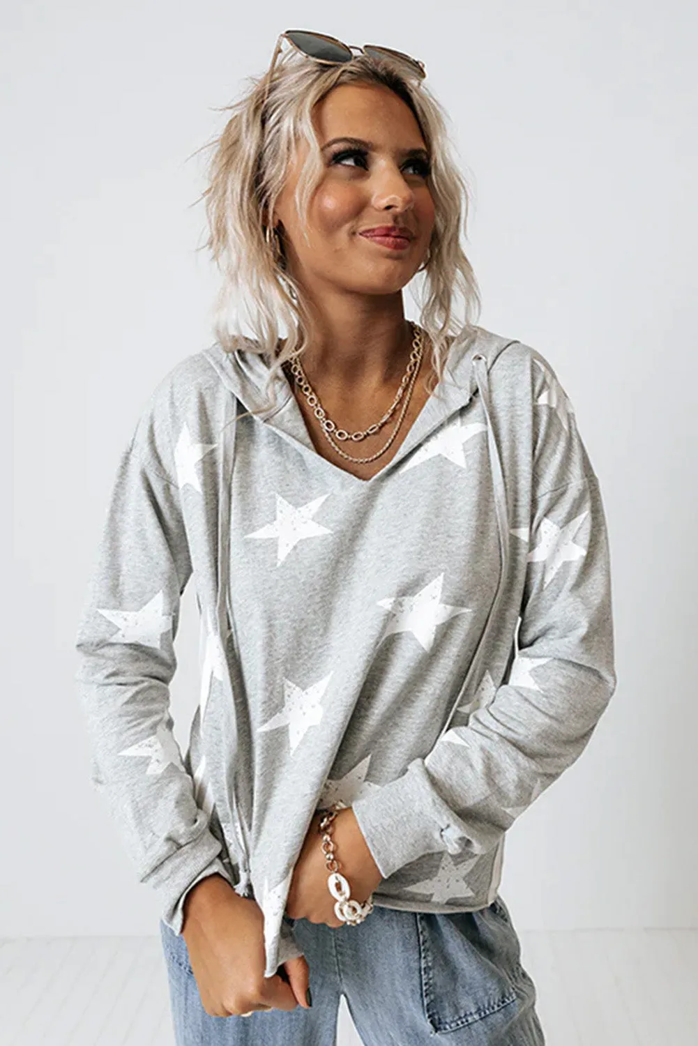 Light Grey Star Graphic V-Neck Drawstring Hoodie