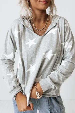 Light Grey Star Graphic V-Neck Drawstring Hoodie