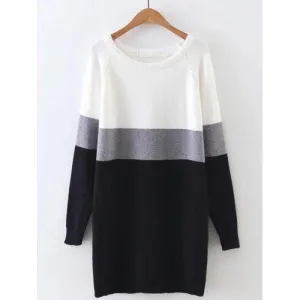 Long Sleeve Color Block Mini Sweater Dress - Gray One Size
