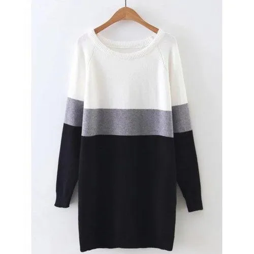 Long Sleeve Color Block Mini Sweater Dress - Gray One Size