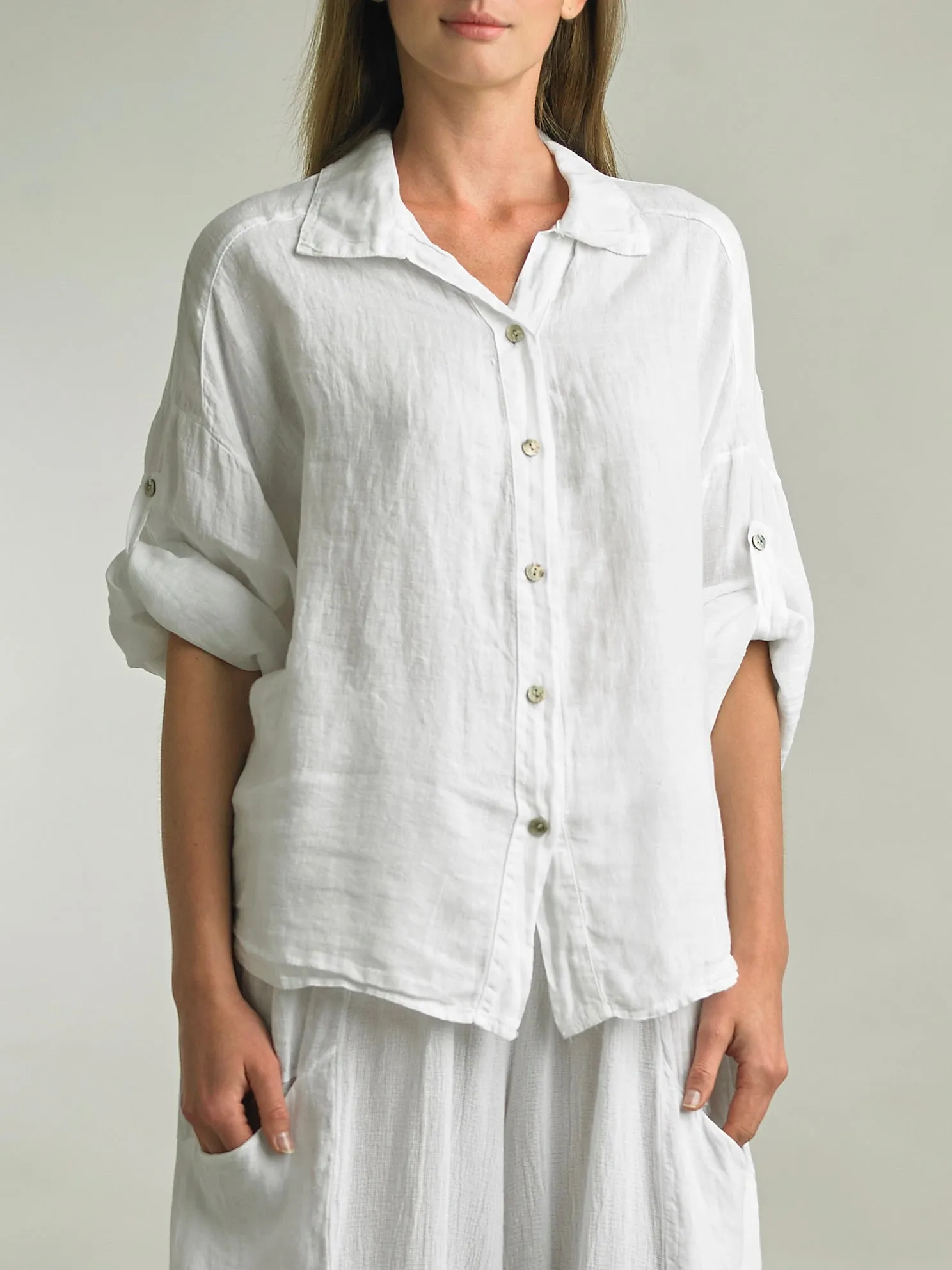 Long Sleeve Linen Button-down Shirt - White