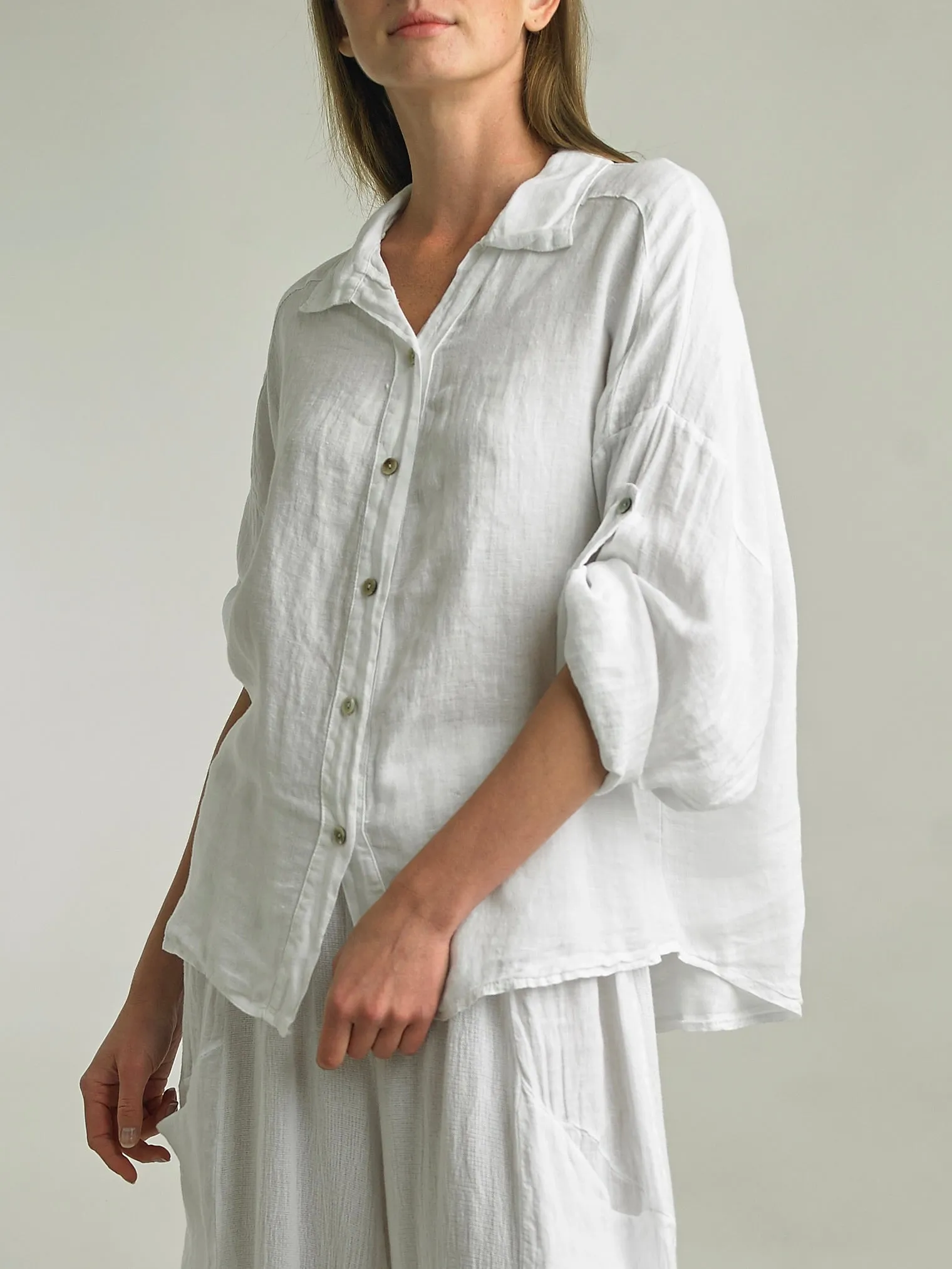 Long Sleeve Linen Button-down Shirt - White