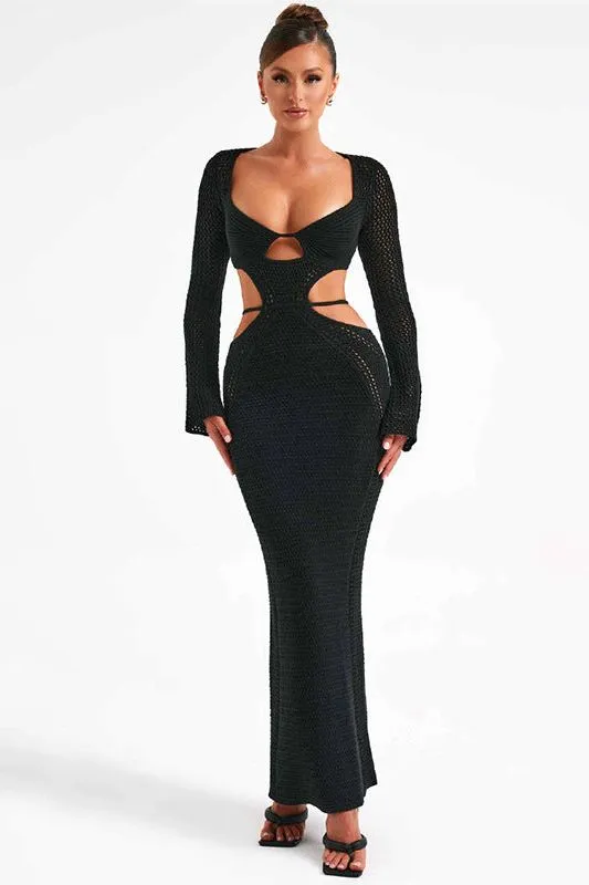 Long-sleeved hollow strap backless dress
