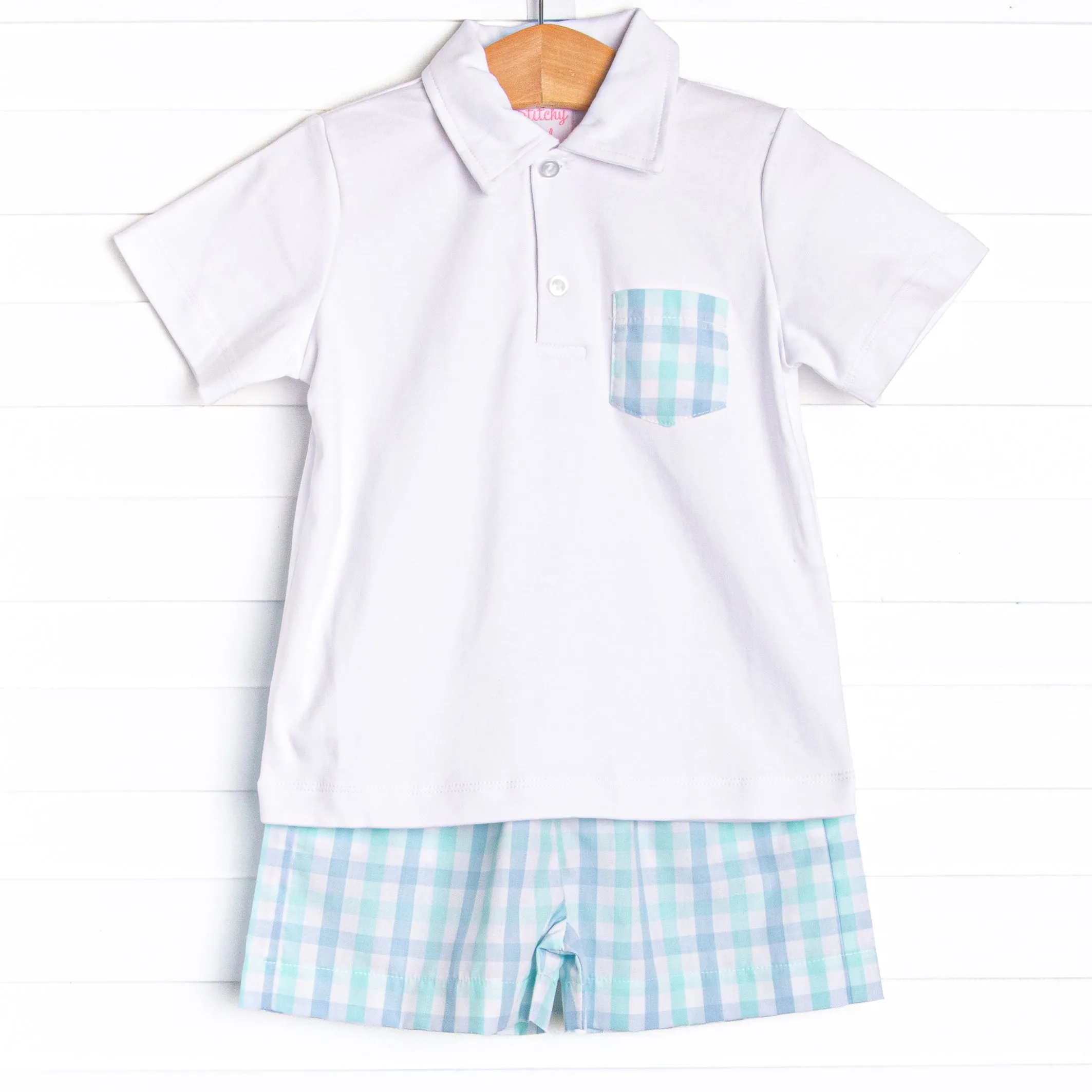 Look to the Sea Boy Short Set, Mint/Blue Check