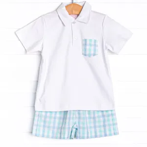 Look to the Sea Boy Short Set, Mint/Blue Check